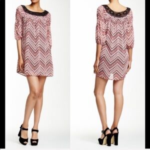 BOHO chevron Peasant Mini Dress NWT Size Medium Pink Black New Nordstrom